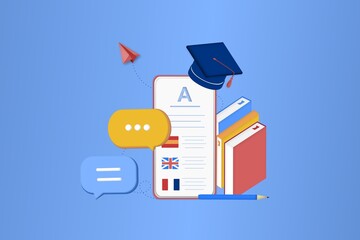 Modern 3D online languages learning class, language courses banner template for website and mobile app development. Literal translation, language assistant, e-learning concept. Vector illustration.