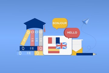 Modern 3D online languages learning class, language courses banner template for website and mobile app development. Literal translation, language assistant, e-learning concept. Vector illustration.