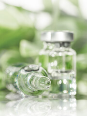 Medicals vials with Vaccine in laboratory, completely specially defocused