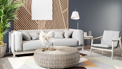 Living room interior in loft, scandinavian style, 3d render