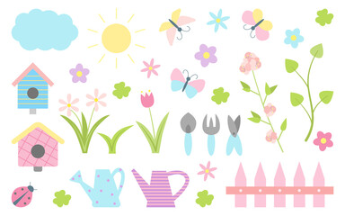 Spring summer cartoon gardening set. Tools, plants, butterflies and ladybug, clover and flowers, watering can and birdhouses, sun and cloud, fence. For scrapbooking, children card. Vector illustration