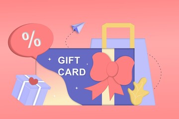 Customers getting gift card, gift voucher, discount coupon, earn points, gift certificate for promotion strategy. 3D Vector illustration template for sale, loyalty program, bonus, promotion concept.
