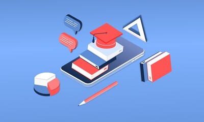 Modern 3d isometric concept of Online Education for banner website. Page template vector illustration of online learning, internet course, remote, tutorial on laptop or mobile phone application.