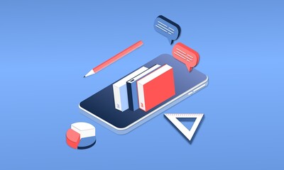 Modern 3d isometric concept of Online Education for banner website. Page template vector illustration of online learning, internet course, remote, tutorial on laptop or mobile phone application.