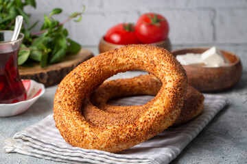 Turkish fast food bagel called Simit. Turkish bagel Simit with sesame. Bagel is traditional Turkish bakery food. Turkish name; simit - gevrek