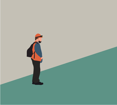 Construction worker with safety helmet walking in construction site. Vector illustration manufacturing factory.