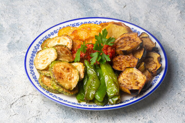 Karisik Kizartma - Mix of seasonal fried vegetables. Turkish cuisine