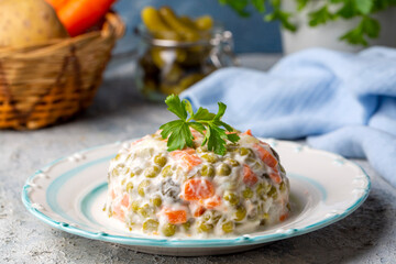 Russian salad Olivier with mayonnaise and egg served (Turkish name; Rus salatasi)