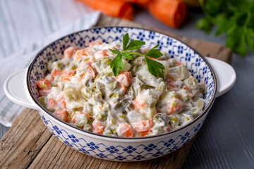 Russian salad Olivier with mayonnaise and egg served (Turkish name; Rus salatasi)