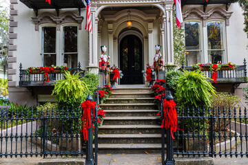 Christmas Decorations on House in The Downtown Historic District, Savannah, Georgia, USA