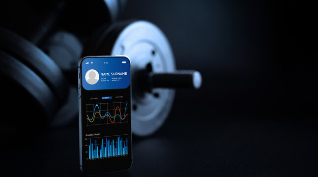 Health app. Smart phone screen with fitness health or sport gym mobile application on black dumbbell background. Home online workout. - Powered by Adobe