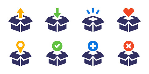 Packing box icon set. Package, parcel box symbol vector illustration.