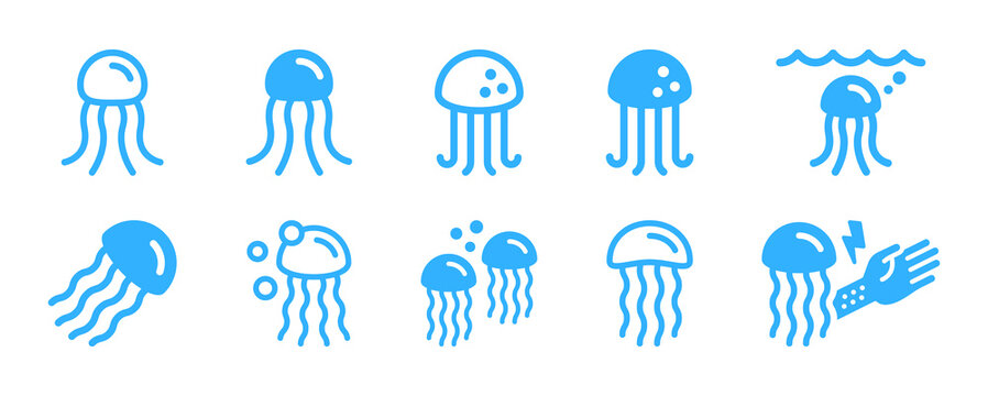 Jellyfish Outline Icon Set. Marine Life Concept. Vector Illustration.