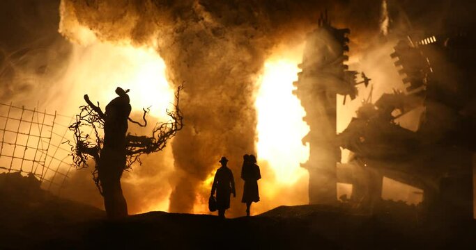 Creative artwork decoration - Russian war in Ukraine concept. Giant explosion of nuclear bomb and people. Selective focus