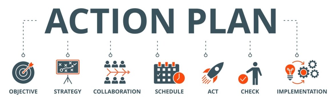 Action plan banner web icon vector illustration concept with icon of objective, strategy, collaboration, schedule, act, launch, check, and implementation