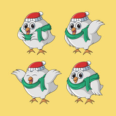 Cute cartoon chicken christmas set vector illustration