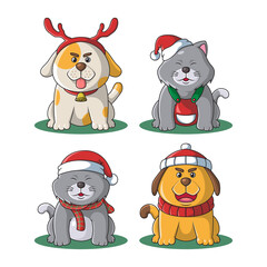 Cute cat and dog mascot christmas vector illustration
