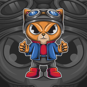 Cute cat character with helmet vector illustration