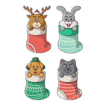 The collection of cute animals in big sock set in the christmas and winter