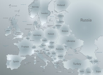 Europe with parts of Asia, detailed map, individual states and islands and sea with names, design glass card 3D vector