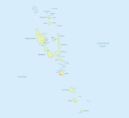 Vanuatu map detailed, islands and city with names, classic maps design vector