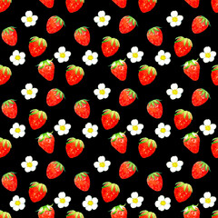 いちごの果実と花のシームレスパターン　手描き水彩イラストのフルーツ柄テキスタイル