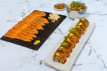 Assorted Sushi on a White Marble Table