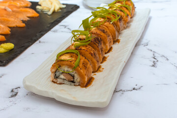 Tray of Sushi On A White Marble Table