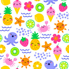 Cute sea life cartoon and tropical fruits seamless pattern for summer holidays background.
