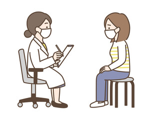 マスクをして問診をする医師と、マスクをした患者のイラスト