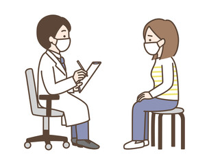 マスクをして問診をする医師と、マスクをした患者のイラスト