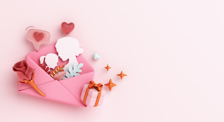 Happy mothers day decoration background with envelope, gift box, rose flower, copy space text, 3D rendering illustration