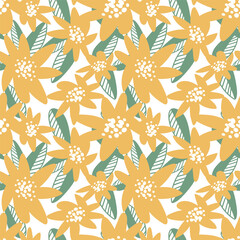 Vector seamless pattern with flowers and leaves. Bright and large flowers. Hand drawn illustration. The print is used for Wallpaper, fabric, textile.