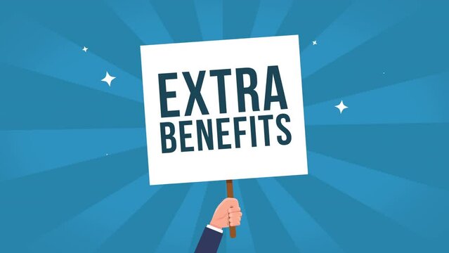 extra benefits animation - business Hand holding advertisement sign, promotions concept animation.