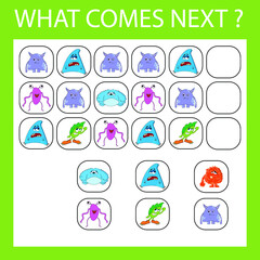 An educational activity for children - to make a logical chain of monsters. Which monsters is next?