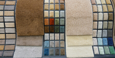 Colorful carpet samples in the store