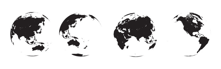 Realistic world map in globe shape on transparent background. Set of transparent globes of Earth.