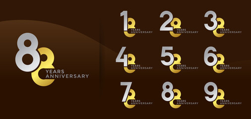 Set of Anniversary logotype silver and golden color with brown background for celebration