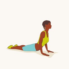 Young afro american female workout. Sport girl doing stretching exercise. Young woman wearing workout clothes. Sport fashion girl outline in urban casual style.