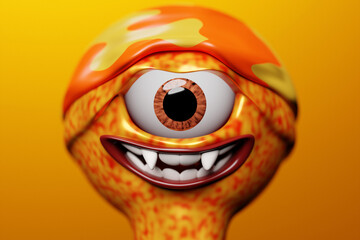 3D illustration of a scary one-eyed orange monster on a monocrome isolated background. Funny monster for kids design