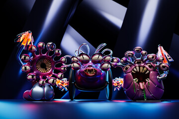 Evil pink cartoon monsters with a huge number of eyes, sight eyes, dangerous sting weapons are ready to attack. 3d illustration