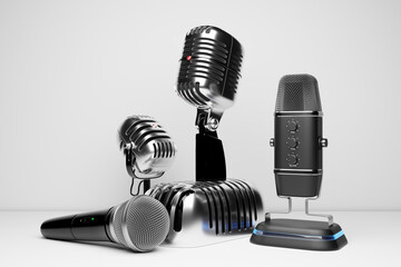 A set of microphones in a realistic background on a white isolated background, 3d illustration. Live show, music recording, entertainment concept.