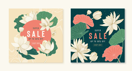Luxury vector super sale banners with golden lotus and leaves. Chinese posters for summer sale or discount. Promotion cards with line lily, leaves and patterns. Oriental template for your design
