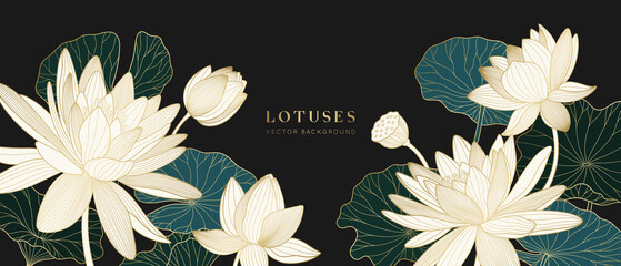 Vector background with golden lotuses and leaves. Luxury design template with line lily. Nelumbo nucifera flower for banners, invitations, cover and packaging design.