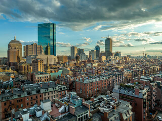 Aerial view of Boston back bay neighborhood with sky scrapers and traditional brown stone old...