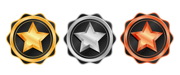 3d medal set, round emblem with star and ribbon, with gold, silver and bronze medals
