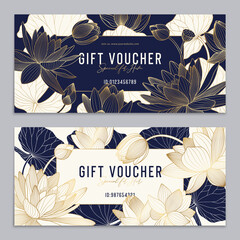 Luxury vector voucher set with line lotuses and leaves. Golden, white and navy lily. Special offer for gift . Certificate in yoga, spa, salon, boutique. Decorative gold cards. - obrazy, fototapety, plakaty