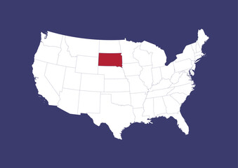 South Dakota on the United States of America map, position of South Dakota in the USA. Map in the colors of the USA flag.