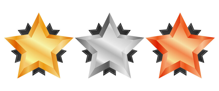 Set of star badges in gold, silver and bronze colors, award medals for champions