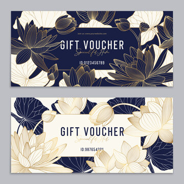 Luxury vector voucher set with line lotuses and leaves. Golden, white and navy lily. Special offer for gift . Certificate in yoga, spa, salon, boutique. Decorative gold cards.